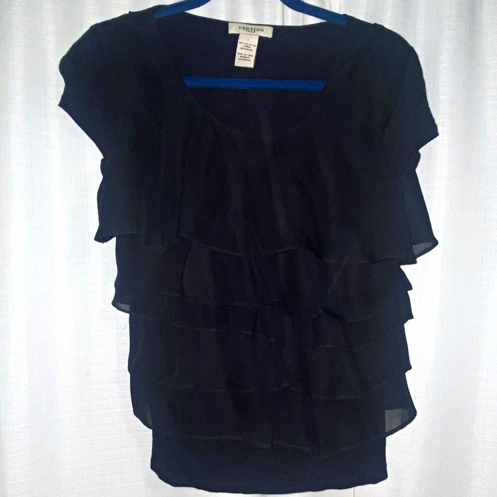 Vertigo Paris Women's S Black Ruffle Chiffon V-Neck Short Sleeve Blouse